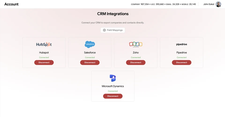 LeadX CRM integrations dashboard showing connected HubSpot, Salesforce, Zoho, Pipedrive, and Microsoft Dynamics integrations