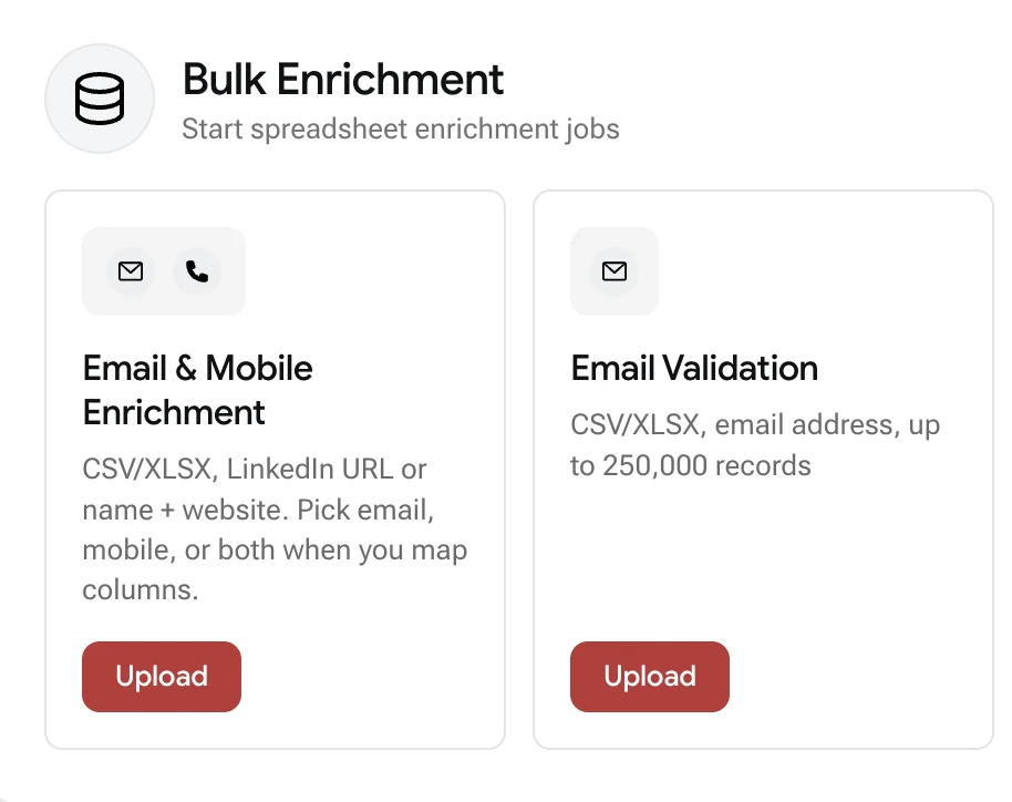 LeadX Bulk Enrichment screen with upload options for Email and Mobile Enrichment and Email Validation