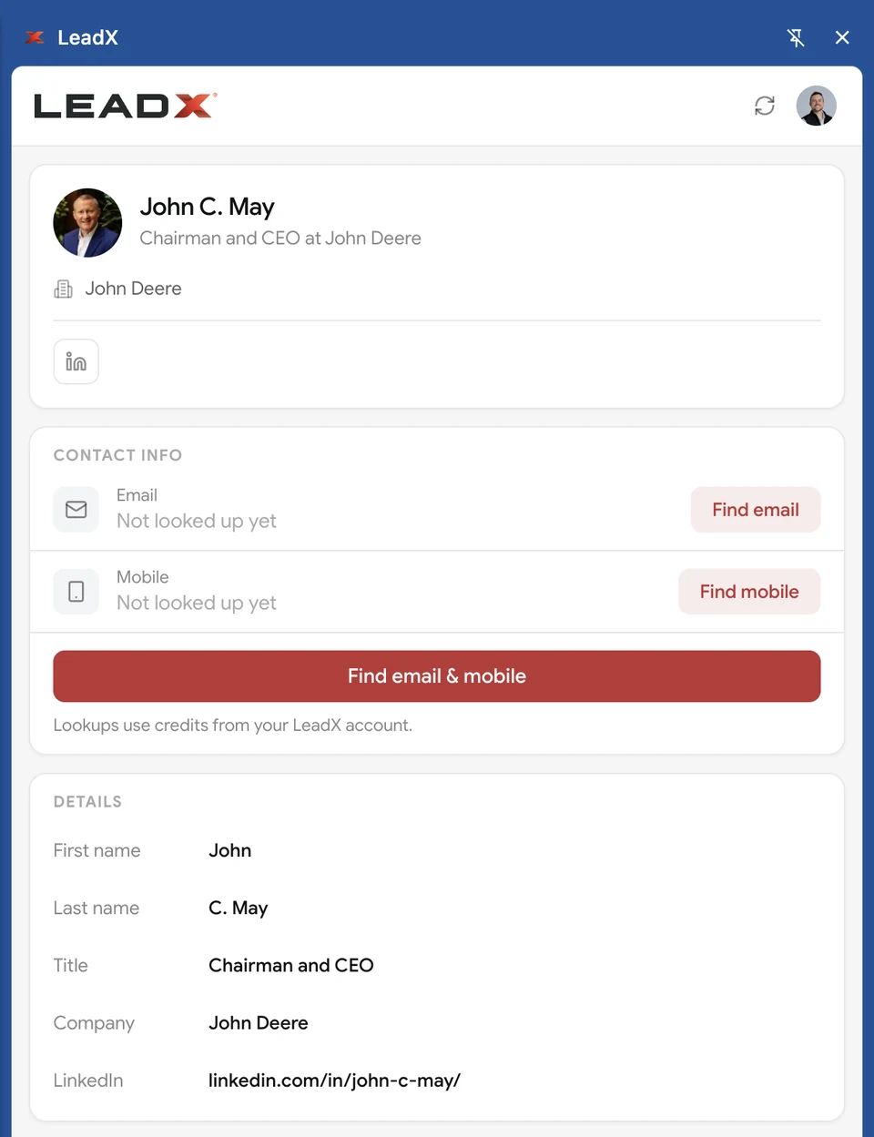LeadX Chrome extension side panel showing a profile's name, title, and company with Find email, Find mobile, and Find email and mobile buttons