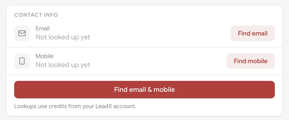 Contact info card in the LeadX Chrome extension with Find email, Find mobile, and Find email and mobile buttons