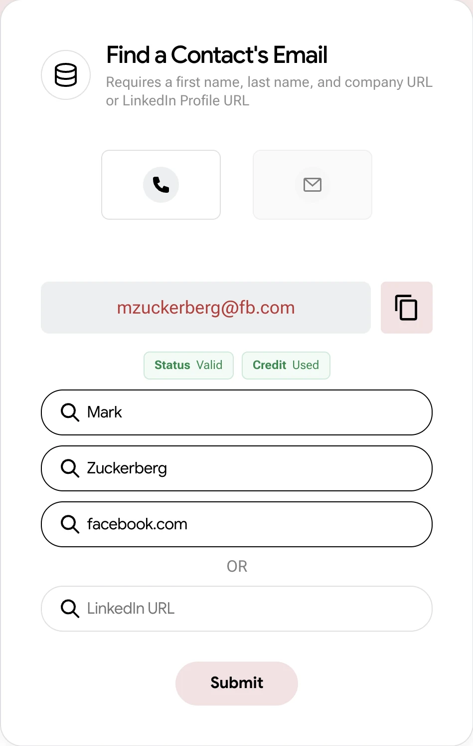 LeadX email enrichment tool showing a valid email result