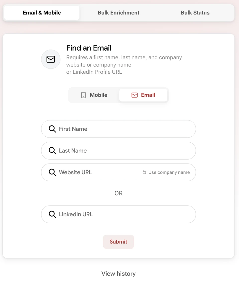 LeadX Find an Email tool with first name, last name, website URL, and LinkedIn URL fields