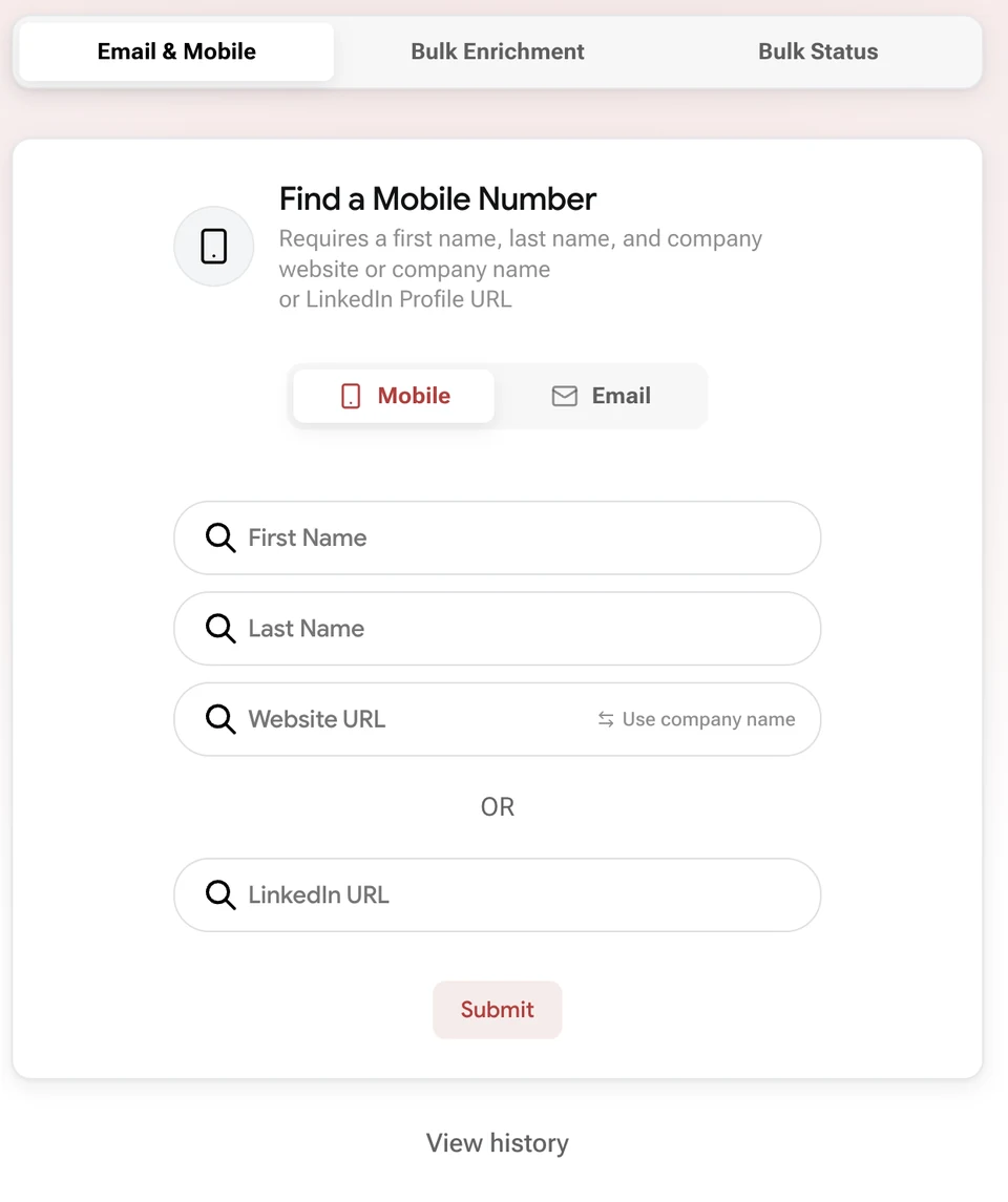 LeadX Find a Mobile Number tool with first name, last name, website URL, and LinkedIn URL fields