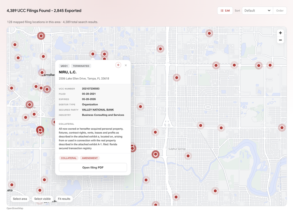 LeadX UCC search results mapped around Tampa, with a selected filing showing debtor, status, secured party, dates, and collateral details