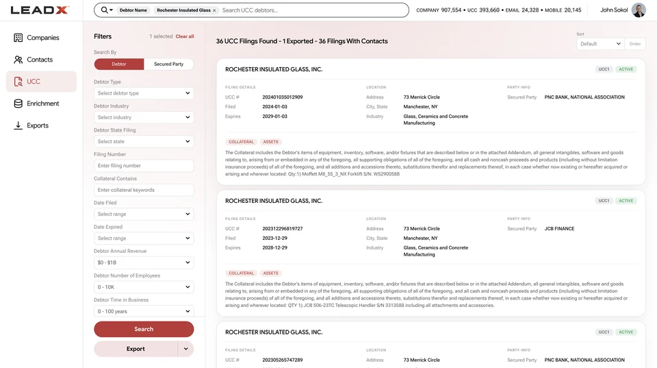 LeadX UCC platform search results for Rochester Insulated Glass